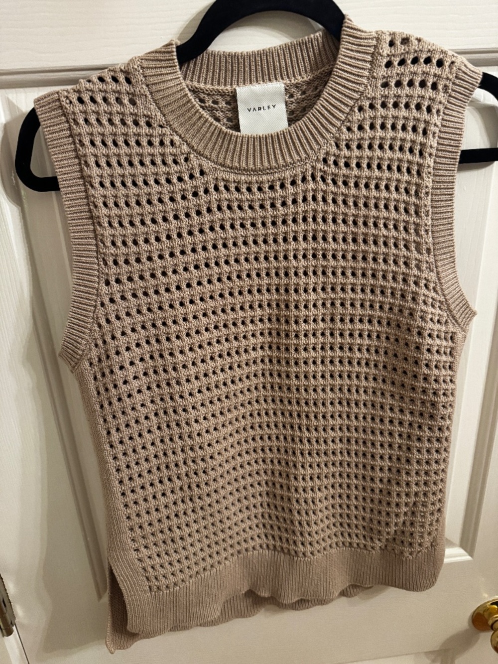 Varley Open Knit Sleeveless Sweater Vest Beige Taupe Crewneck